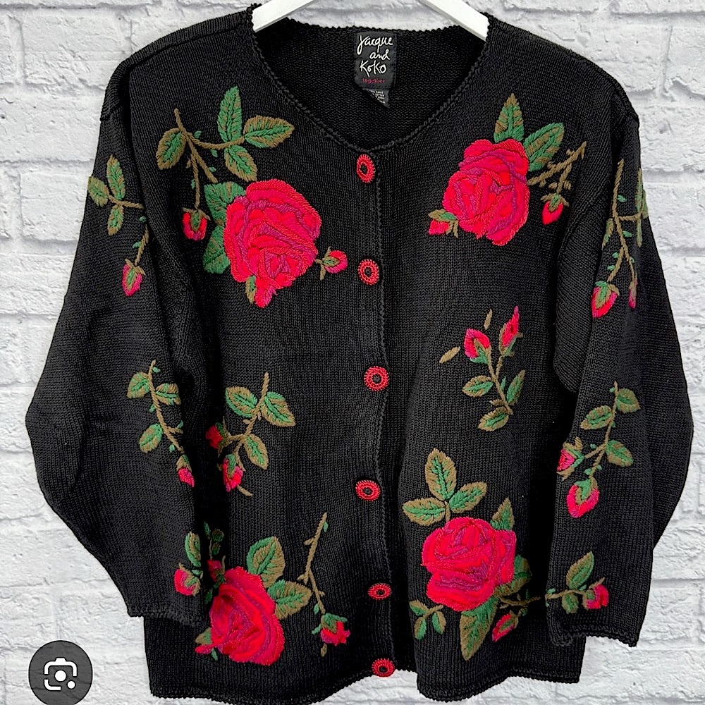 Vintage Knit Black Cotton Cardigan Holiday Red Floral Embroidery 18/20